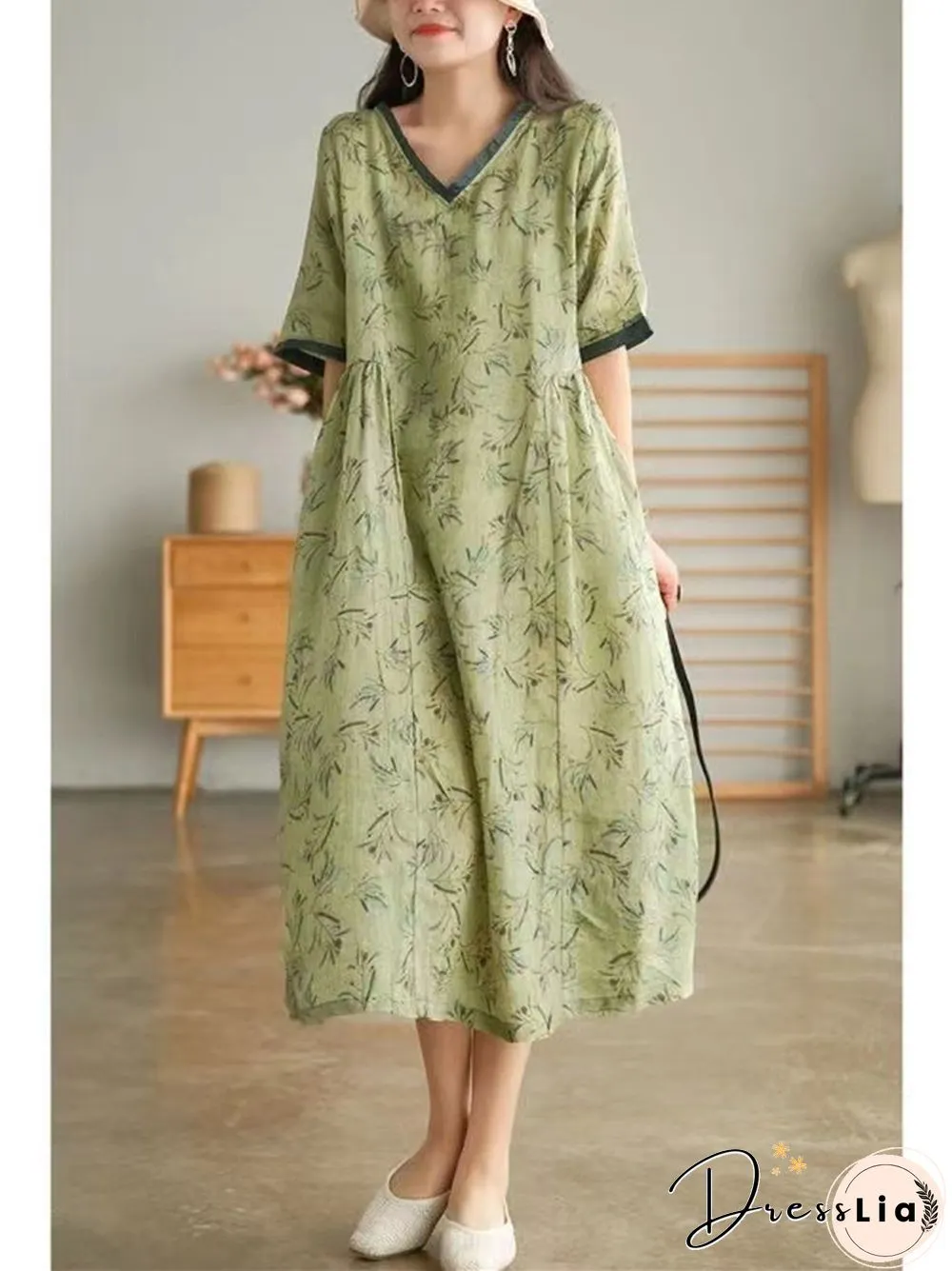 Literary Retro Floral Cotton Linen Short Sleeved Dress