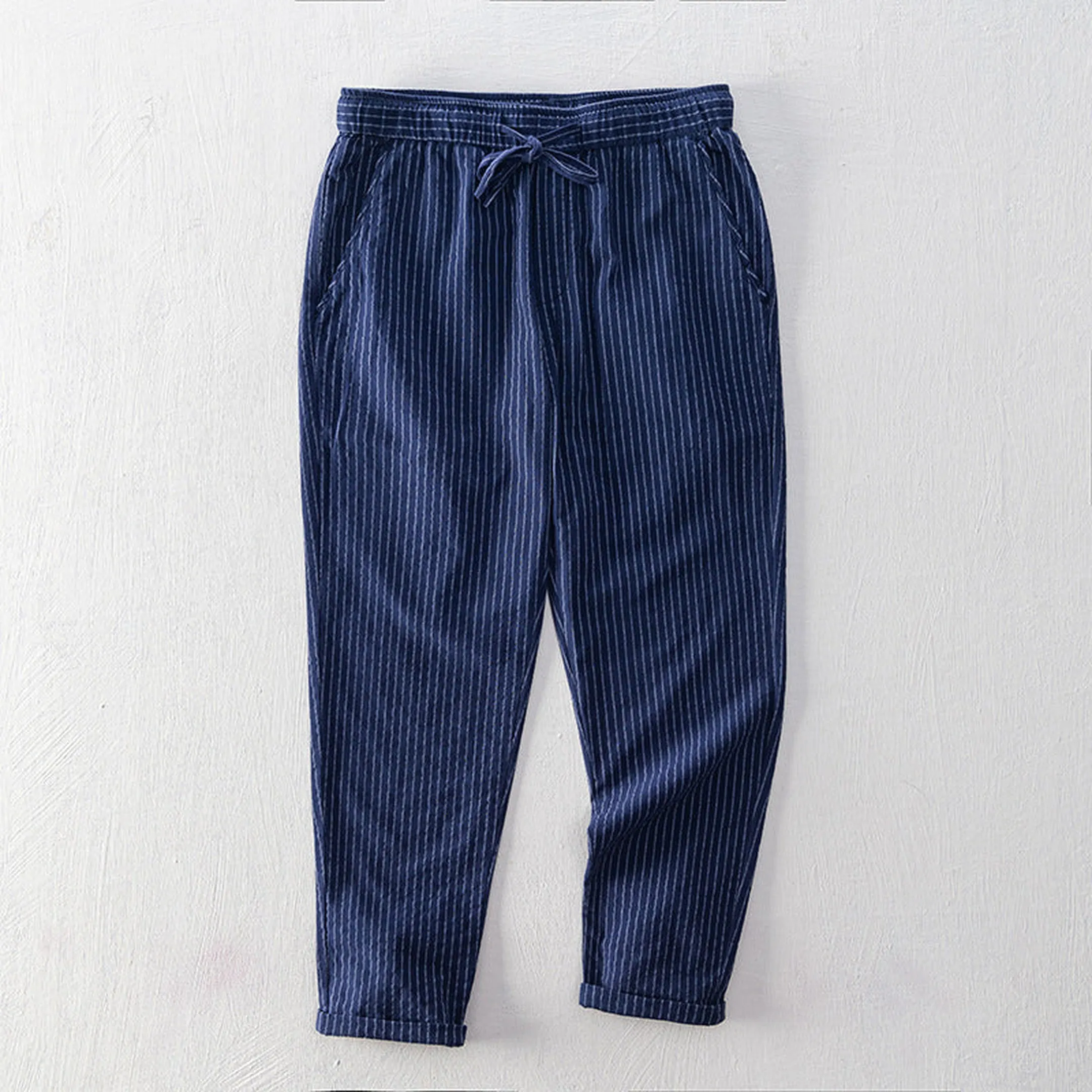 Emilio Men's Pinstripe Cotton Trousers &ndash; Relaxed Drawstring Fit