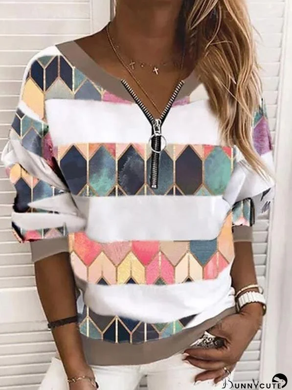 Geometry Zip Up Top Long Sleeve Casual Daily Blouse for Women