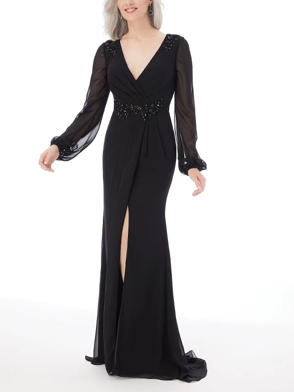V-Neck Solid Color Long-Sleeved Chiffon Maxi Dress