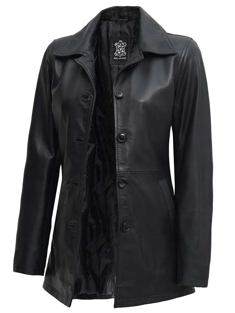 Winchester Womens Black Leather 3 4 Length Car Coat QueenFunky