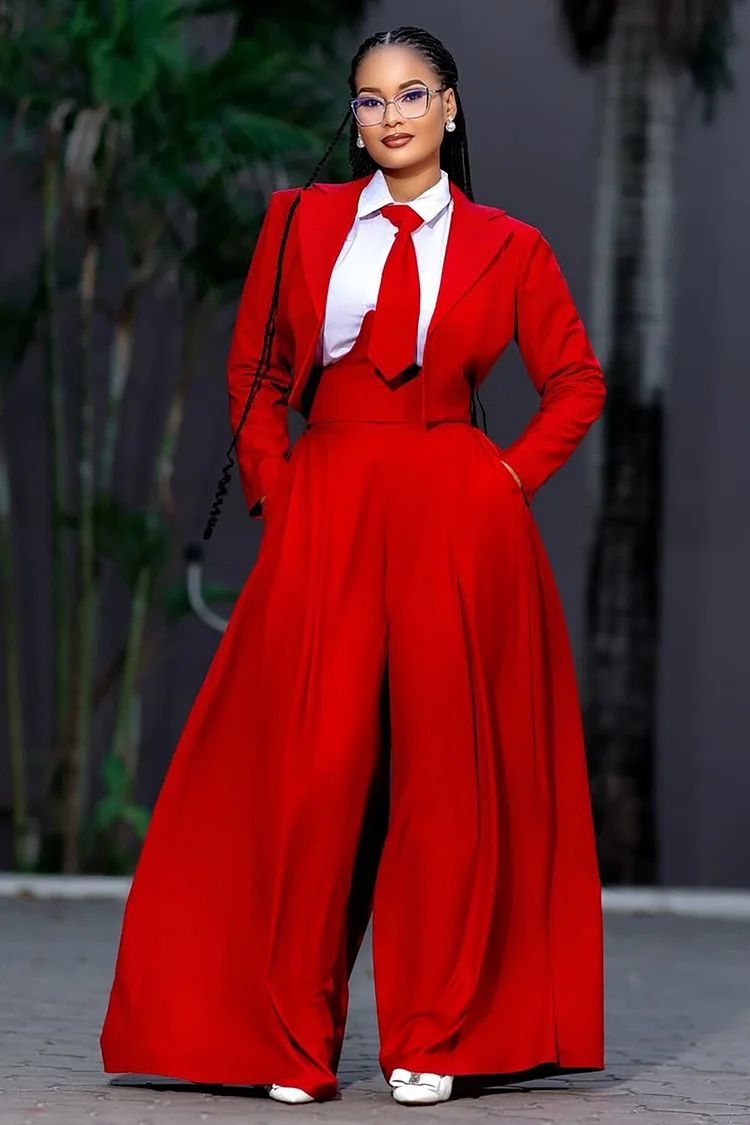 Long Sleeve Crop Blazer Wide Leg Pants Matching Set-Red [Pre Order]