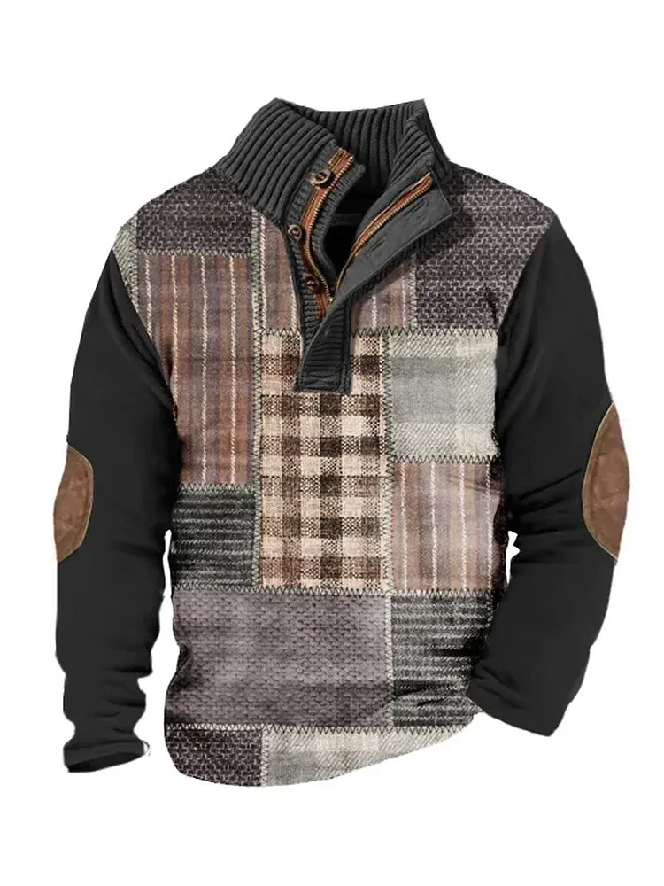 Men's Plaid Patchwork Button-down Stand-collar Sweatshirt