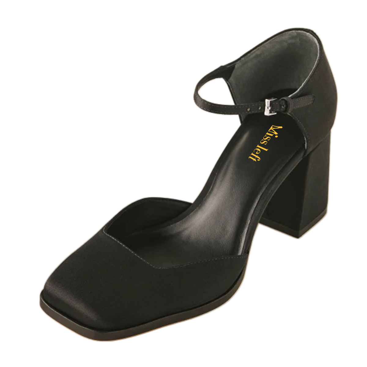 Satin Square Toe D'Orsay Chunky Mid Heel Black Pumps for Women Nicepairs