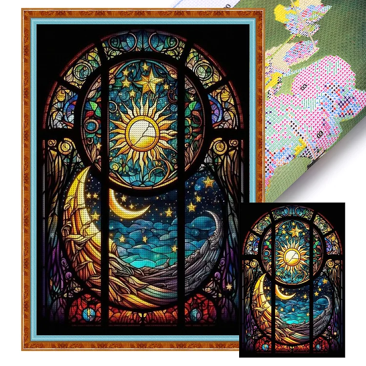 【Huacan Brand】Glass Art - Sun And Moon 16CT Stamped Cross Stitch 35*50CM