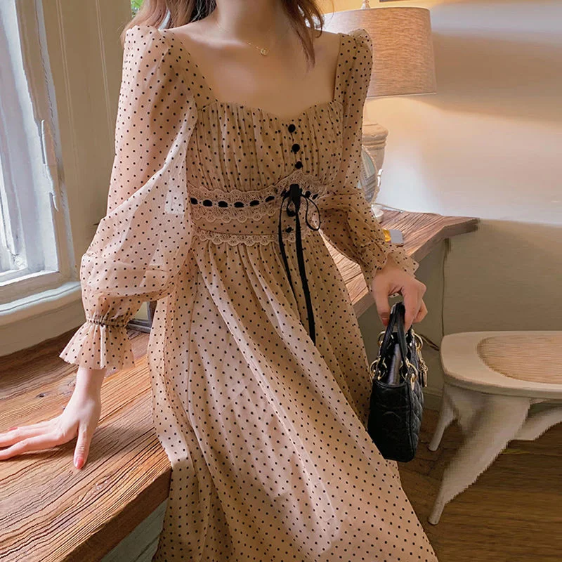 French Vintage Midi Dress Women Puffer Sleeve Square Collor Office Elegant Dress Female Autumn Dot One Piece Dress Korean