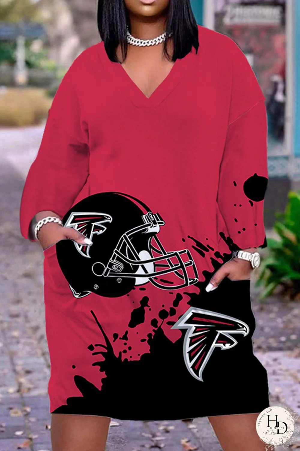 Black Gray Casual Print Patchwork V Neck Straight Dresses