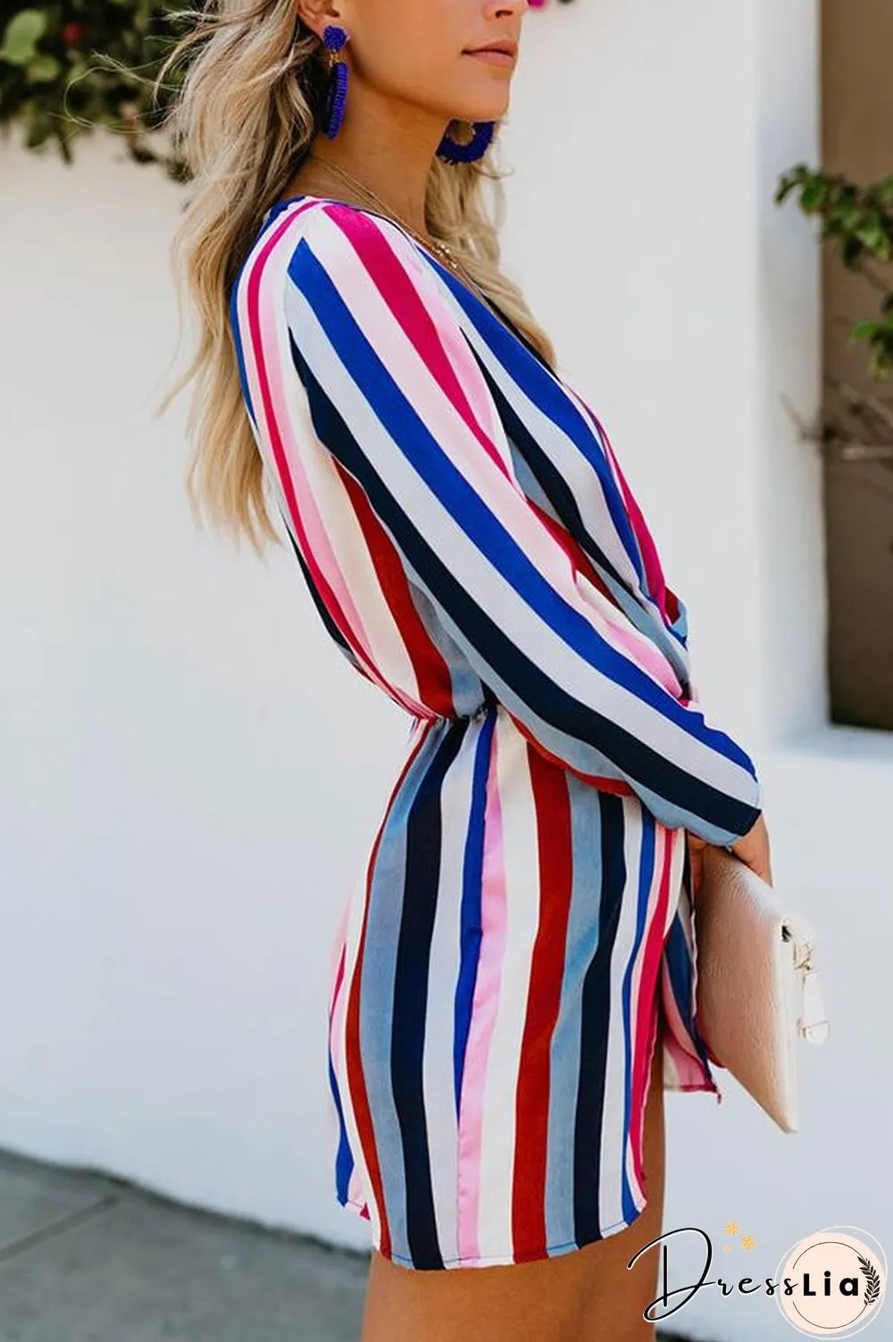V-Neck Long Sleeve Rainbow Stripe Mini Dress