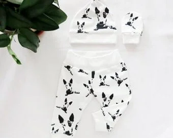 Pornhint English Bull Terrier Print Baby Hat Mittens And Leggings Set, Organic Cotton Newborn Clothes, Dog Themed Baby Shower Gift For Girls And Boys