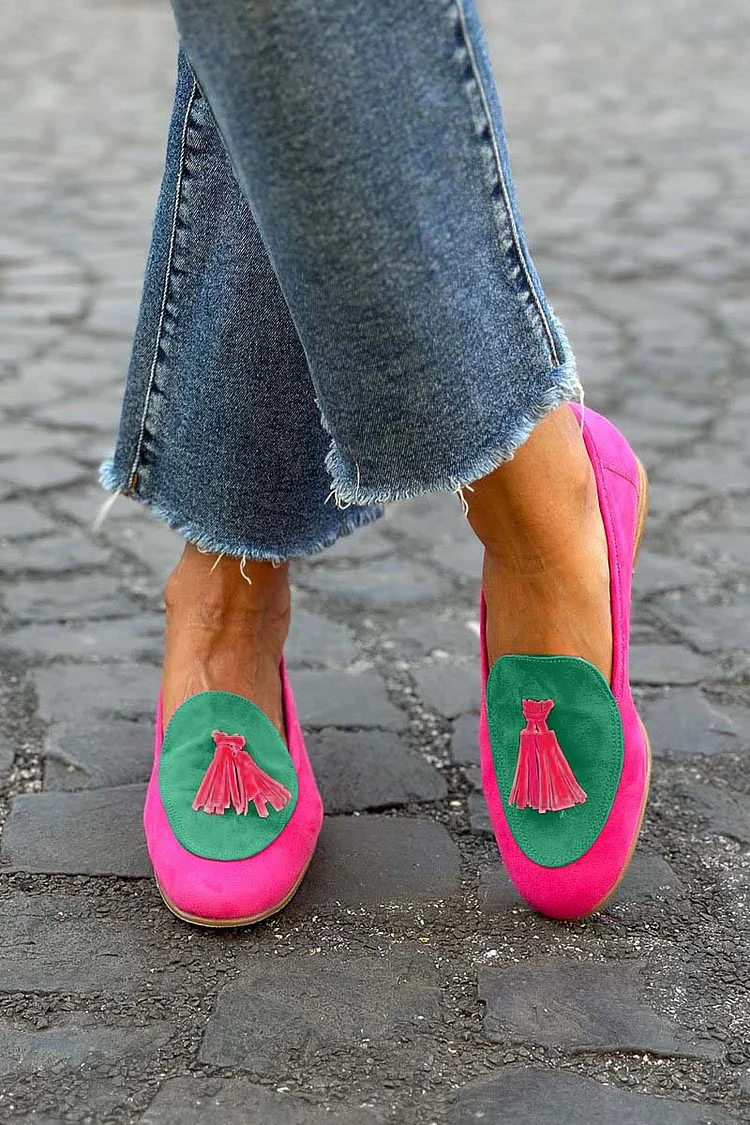 Colorblock Patchwork Tassels Trim Slip On Casual Loafers 