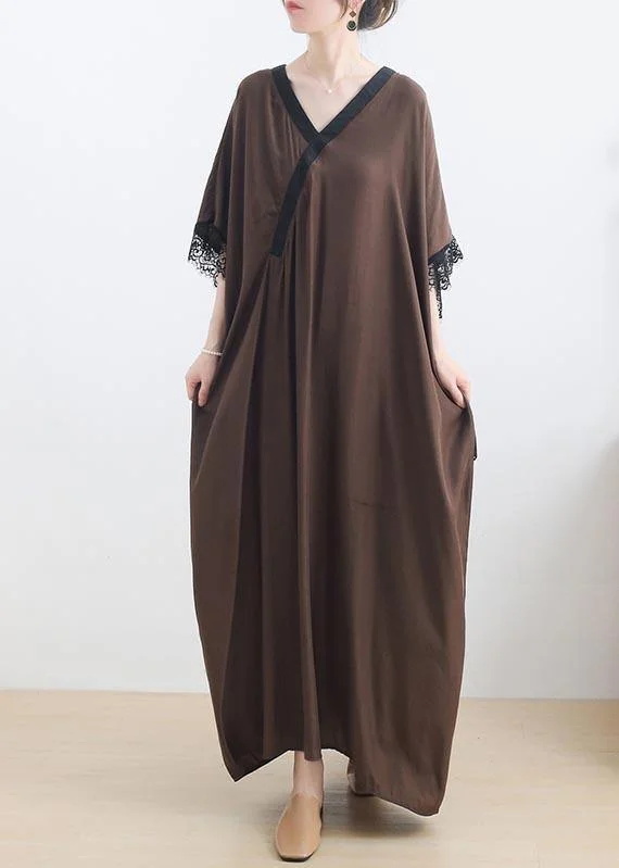 Elegant Chocolate Lace Trim Caftan Maxi Summer Chiffon Dress Gown