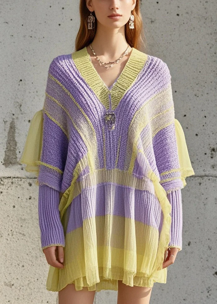 Casual Purple Oversized Patchwork Tulle Knitted Dress Fall