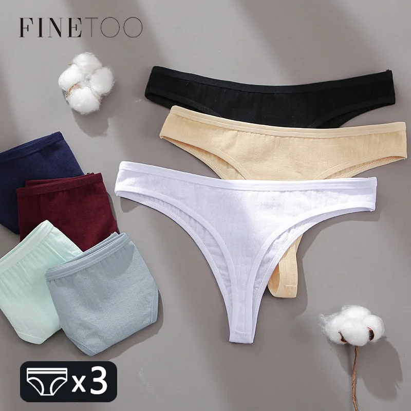 FINETOO Cotton Thongs Women 3Pcs/set Soft T-back Underpants S-XL Ladies G-string Underwear Low Waist Cotton Panty Lingerie New