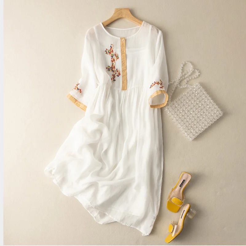 Ethnic Embroidery Loose Midi Dress