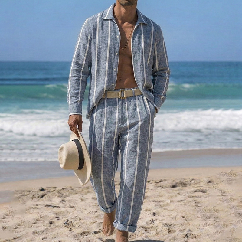 Comstylish Linen Simple Striped Shirt And Trousers Vacation Set