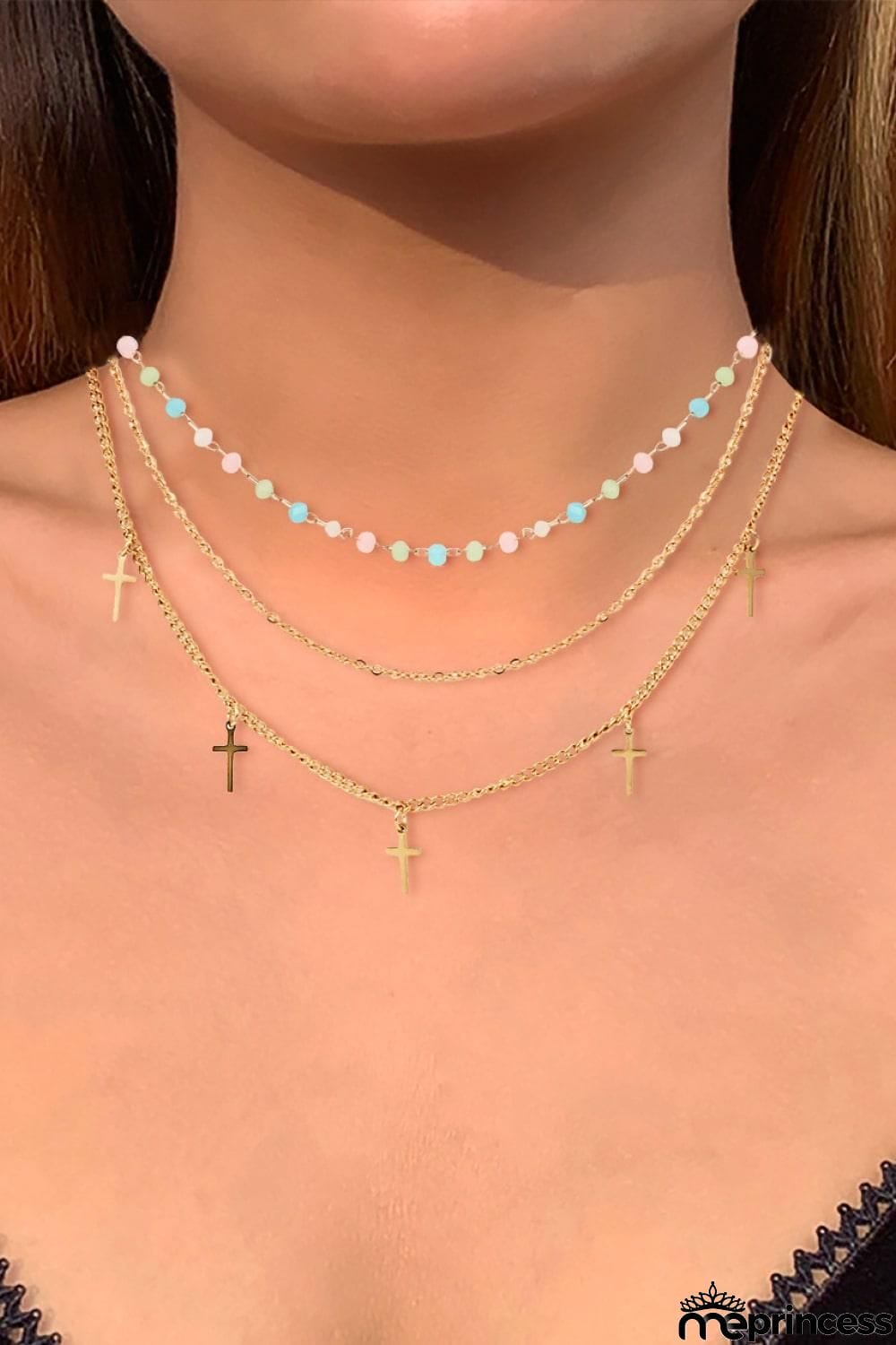 18K Gold Plated Cross Pendant Triple-Layered Necklace