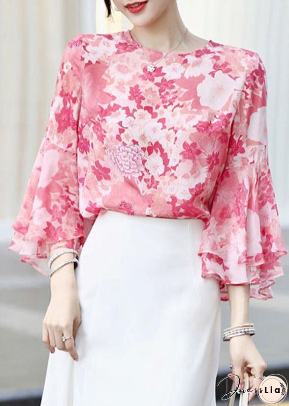 Modern Pink Print Chiffon Shirts Tops Flare Sleeve