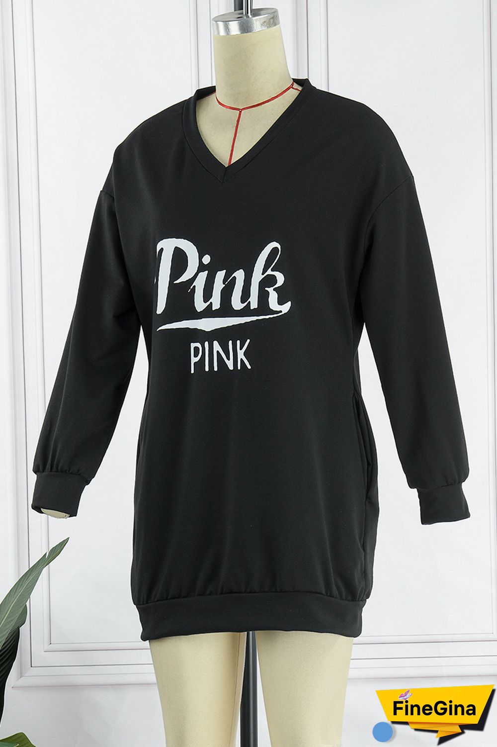 Blue Casual Letter Print Patchwork V Neck Long Sleeve Dresses