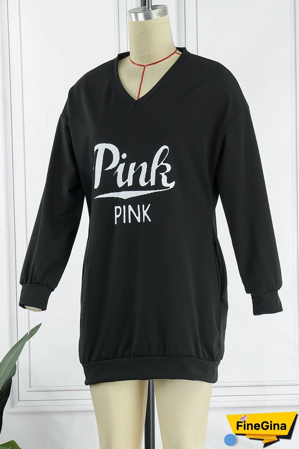 Blue Casual Letter Print Patchwork V Neck Long Sleeve Dresses