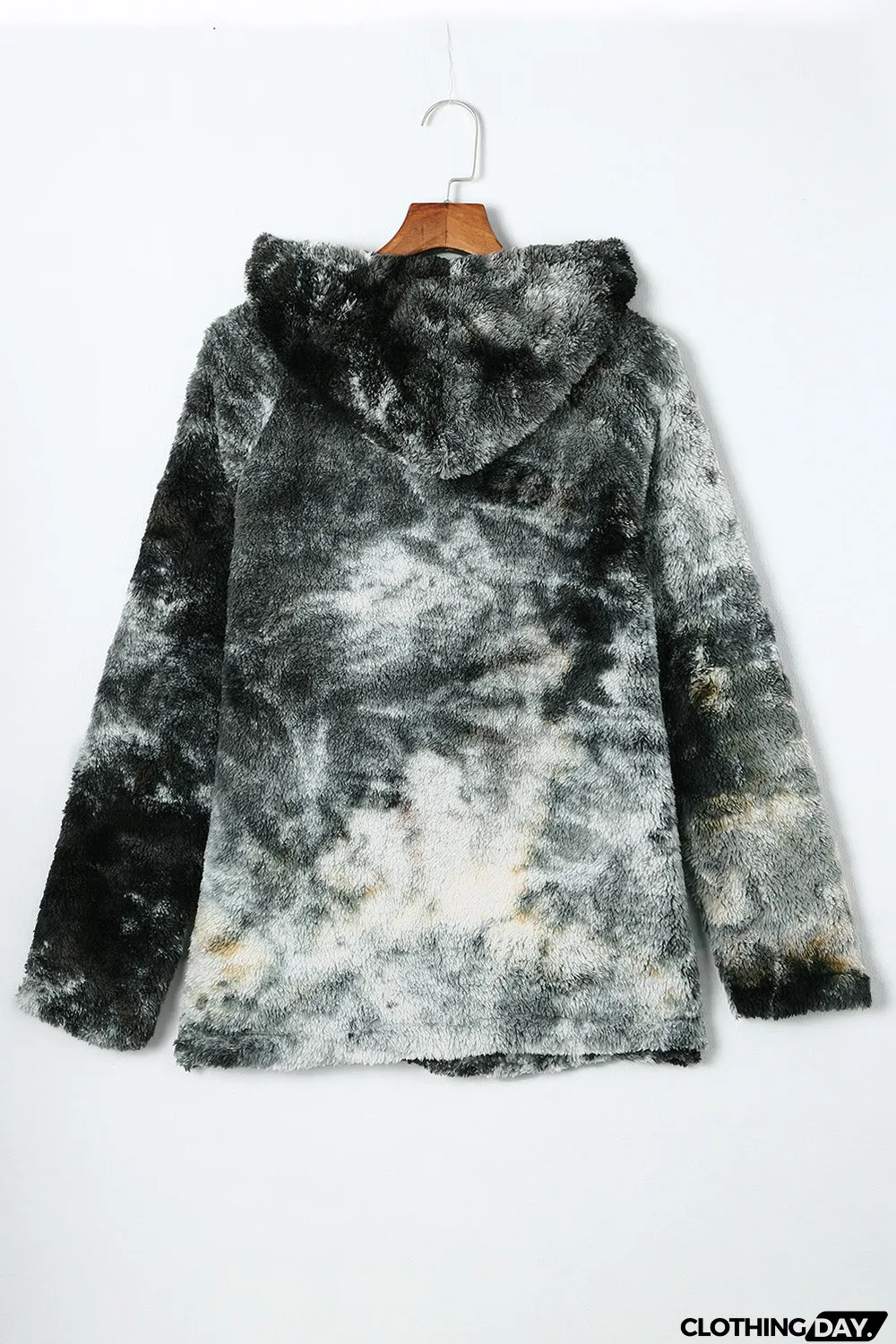 Black V-Neck Tie-Dye Plush Pullover Hoodie