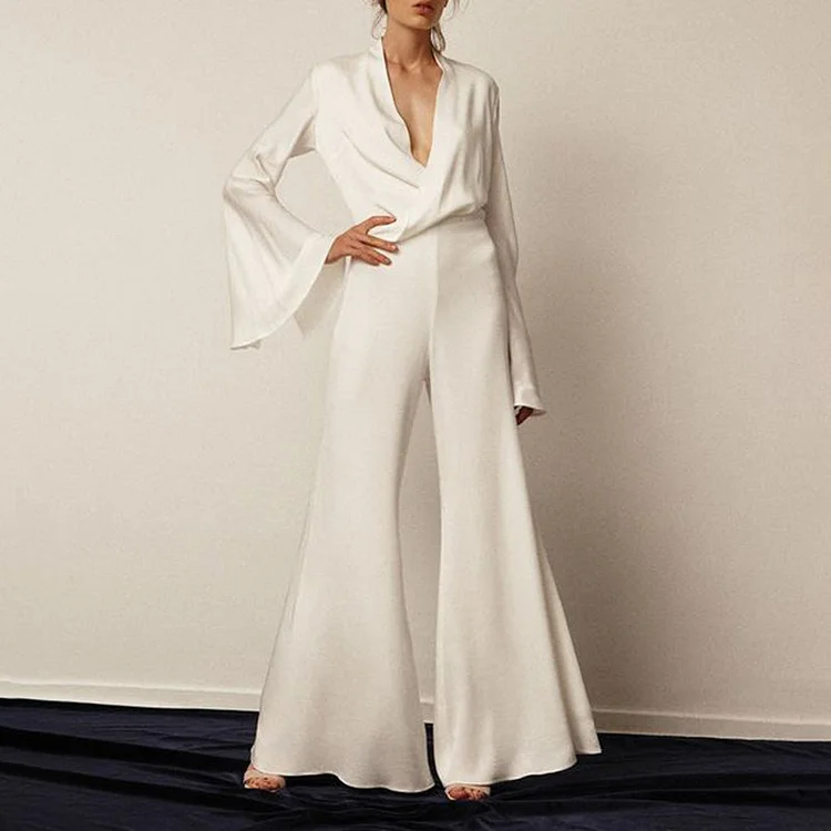 VChics White Bell Sleeve Blouse Flared Pants Two-piece Set