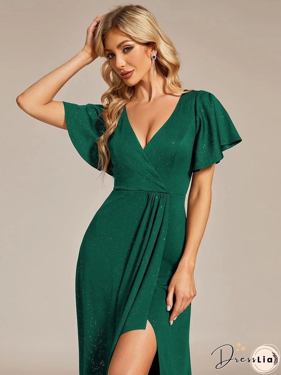 Ruffled Sleeve Tea Length Evening Dress with Side Split