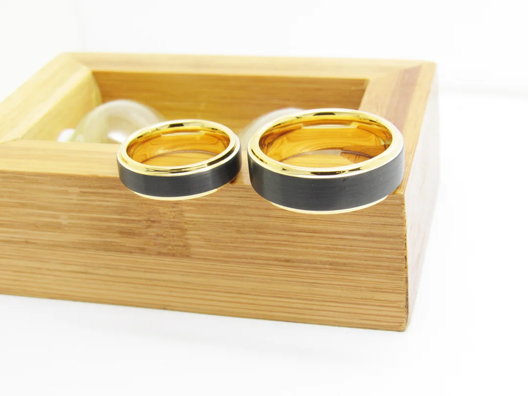 6MM 8MM Tungsten Couple Rings Gold Sand Surface Electric Black Steps Remaining Electric Wedding