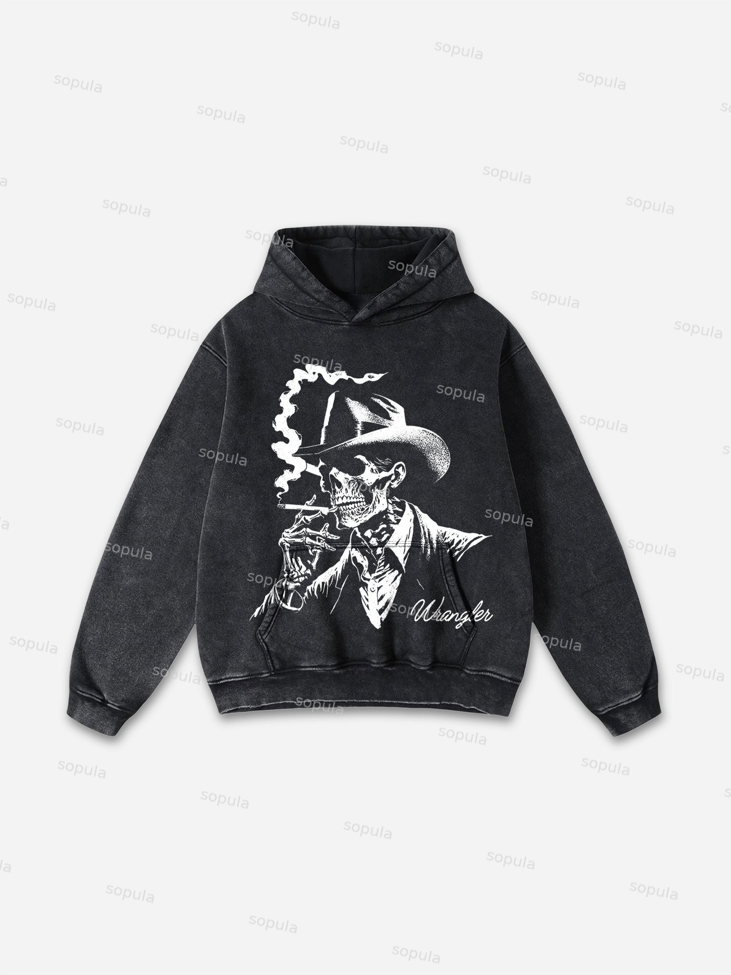 Skeleton Wrangler Rodeo Print Washed Hoodie - SOPULA