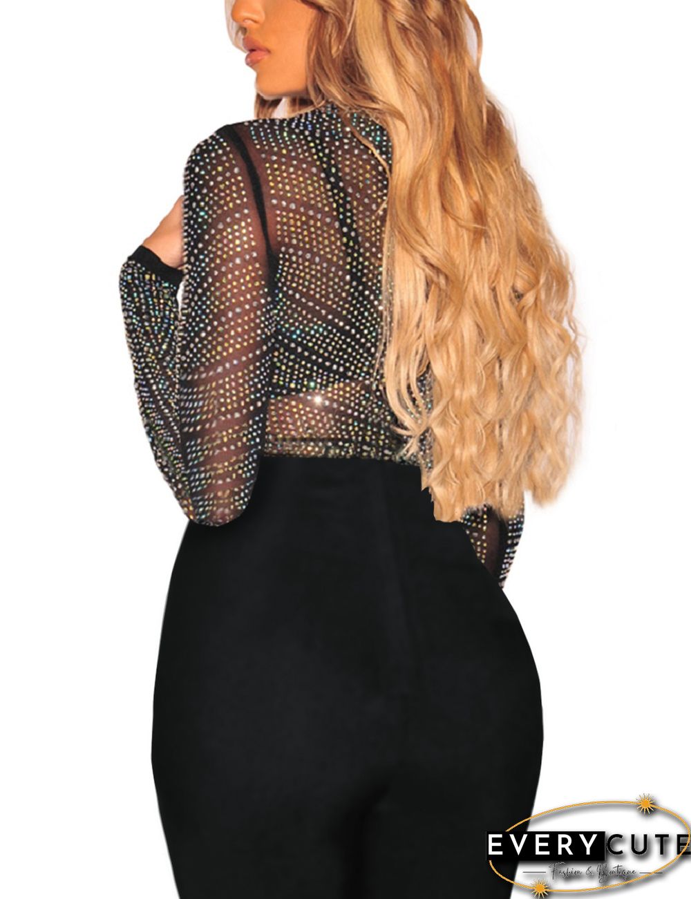 Black Iridescent Silver Rhinestone Studded Mock Neck Long Sleeve Tops