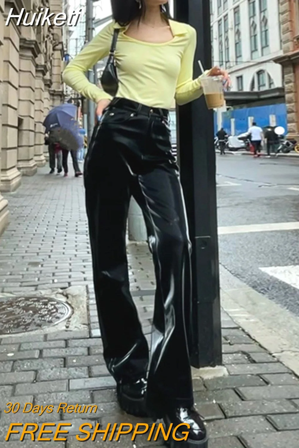 Huiketi Spring Autumn Long Black Reflective Shiny Patent Leather Straight Pants Women High Waist Y2K Streetwear Clothes 2023