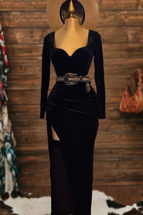 Retro Pleated Slit V-Neck Velvet Dress