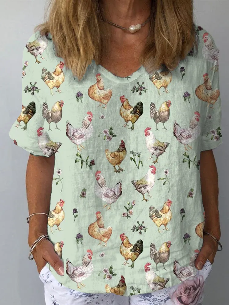 Women's Farm Chicken And Floral Pattern Casual V-Neck Cotton And Linen Top