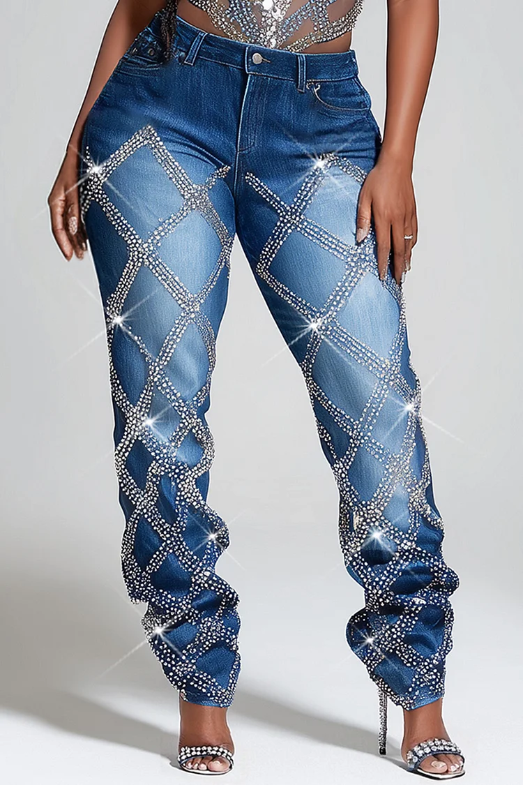 Xpluswear Design Plus Size Business Casual Blue Drilling Casual Pocket Denim Jeans 2024 - Xpluswear