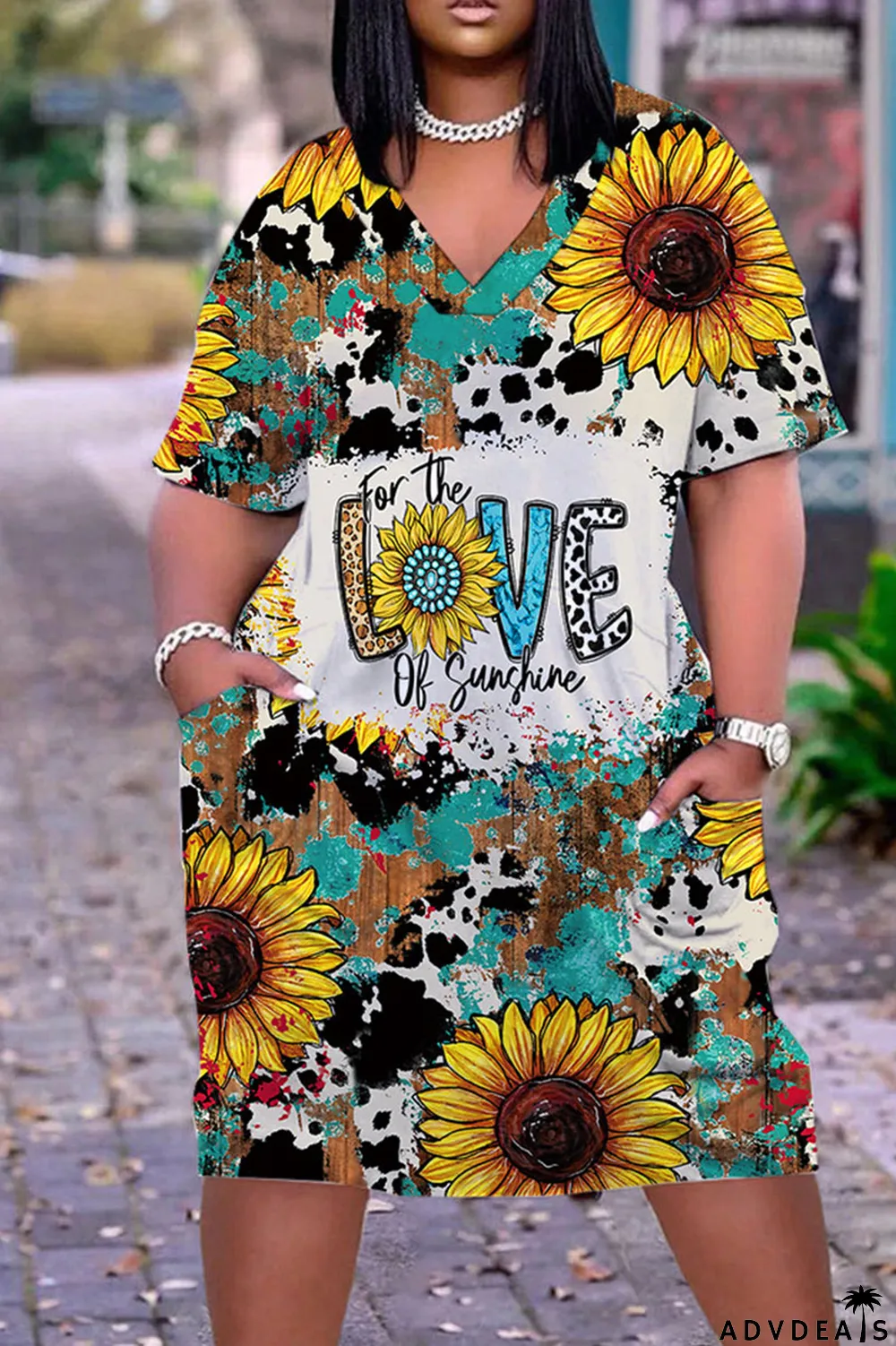 Light Brown Casual Work Print Patchwork V Neck Straight Dresses