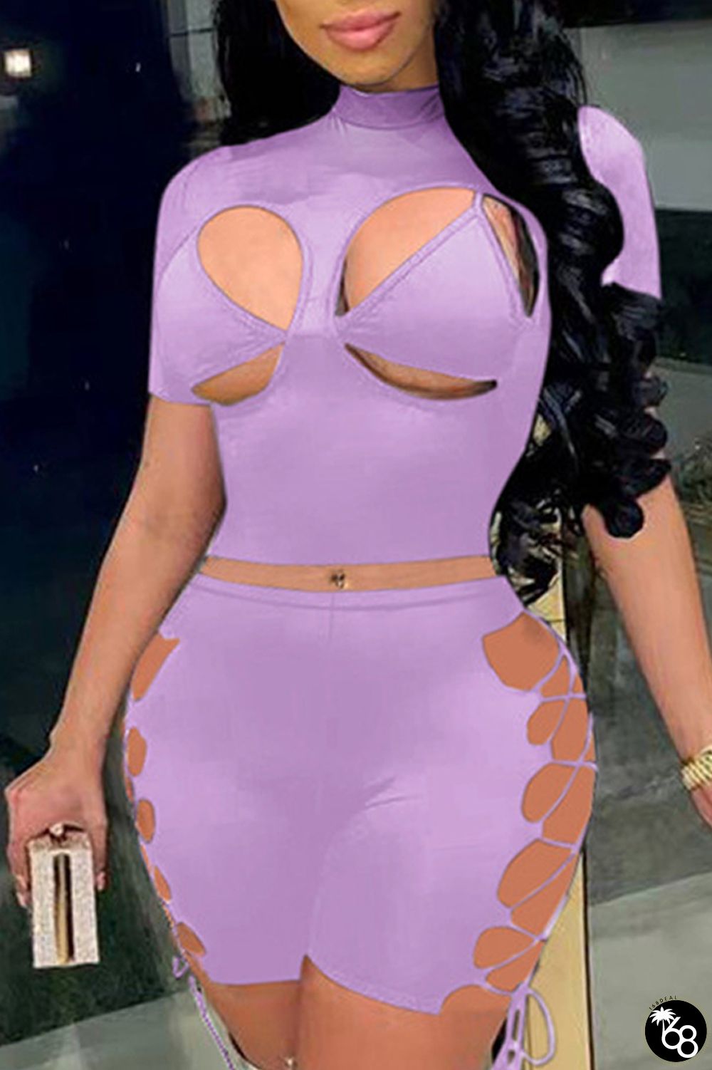 Purple Sexy Solid Hollowed Out Cross Straps Half A Turtleneck Short Sleeve Two Pieces(Three Pieces) | 168DEAL