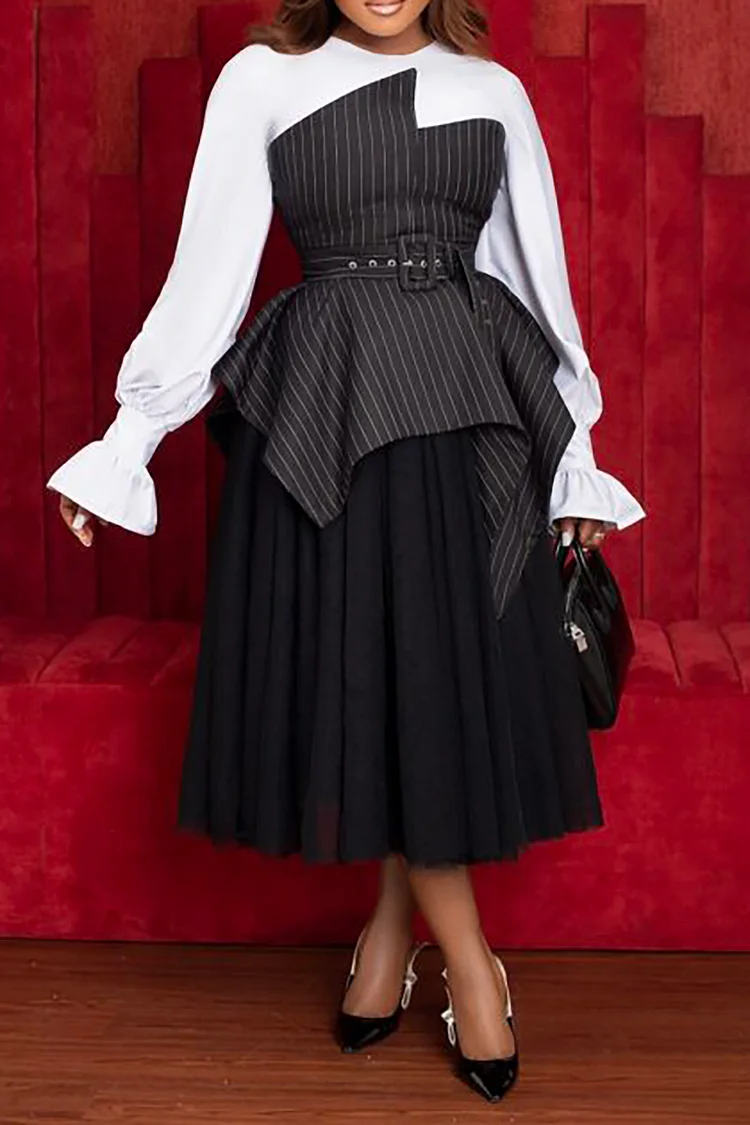 Plus Size Semi Formal Skirt Set Black Asymmetric Stripe Tulle Two Piece Skirt Set [Pre-Order]