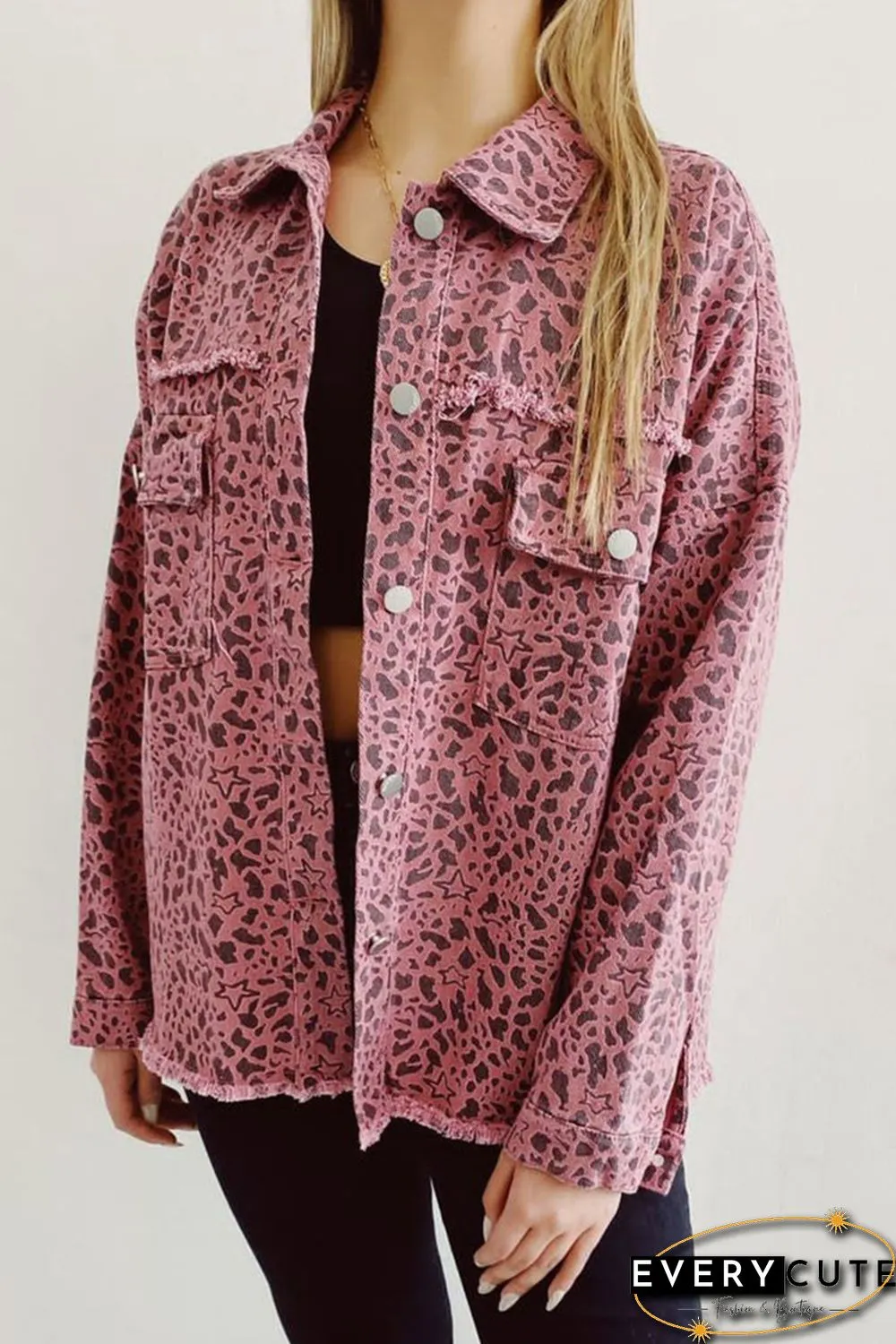 Pink Stars & Animal Spots Print Button Up Denim Shacket