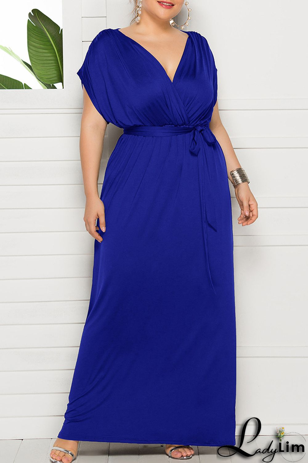 Burgundy Fashion Casual Plus Size Solid Split Joint V Neck Long Dress