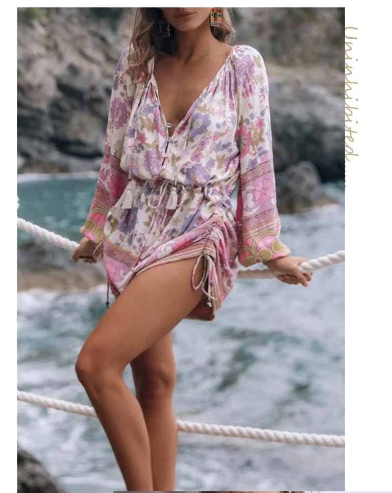 Fitshinling Button Up Bohemian Short Jumpsuits For Women Print Floral Vintage Slim Sexy Romper Holiday Drawstring Playsuits 2021