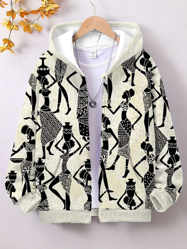 Women's Traditional African Women Pattern Print Hooded Zip Up Jacket