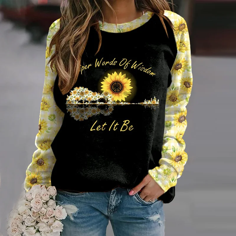 Hippie Sunflower Guitar Lake Whisper Words Of Wisdom Let It Be Crew Neck Sweatshirt