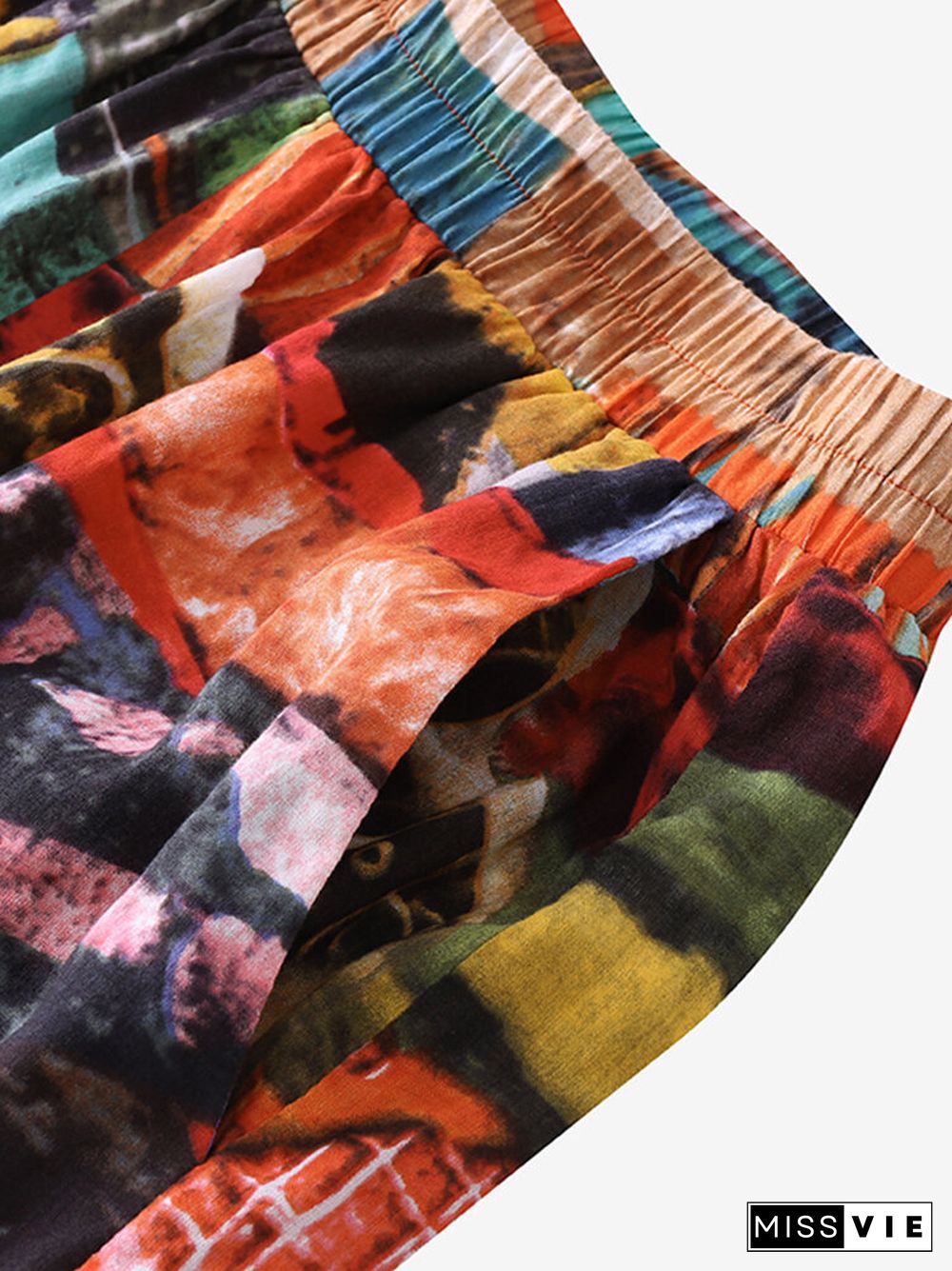 Abstract Painted Pocket Split Wide Leg Short Sleeve Suit