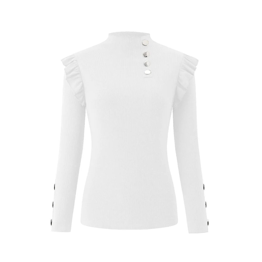 Plus Size Autumn Winter Women Blouse Long Sleeve Knitwear Rib Ruffle Buttons Blouse Basic Shirt