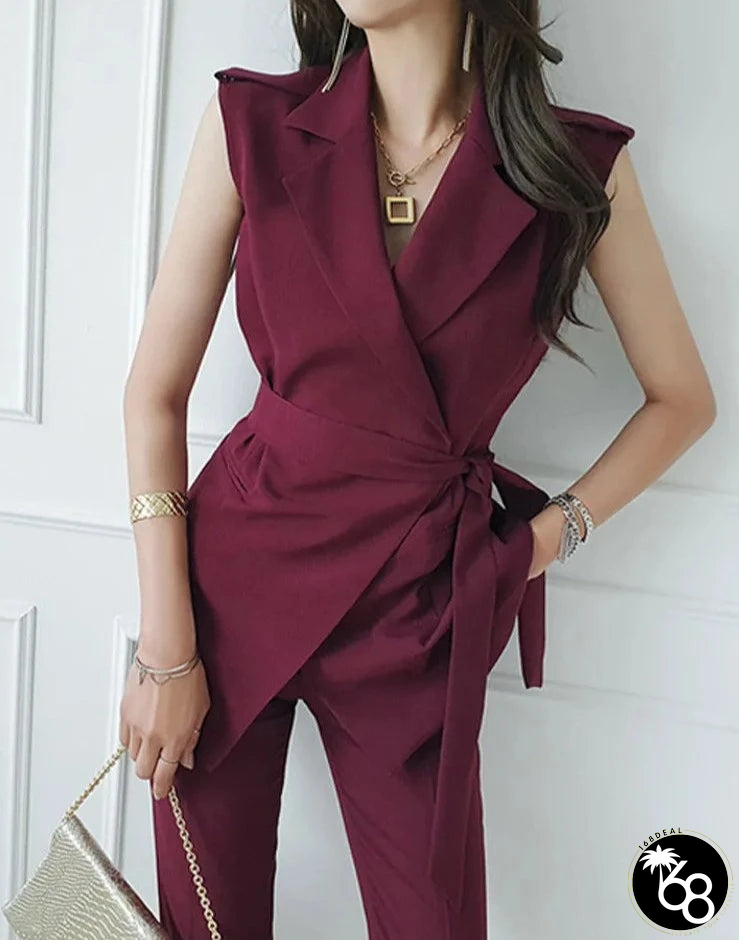 Women's Polyester Notched Sleeveless Casual Wear Blazer Set | 168DEAL