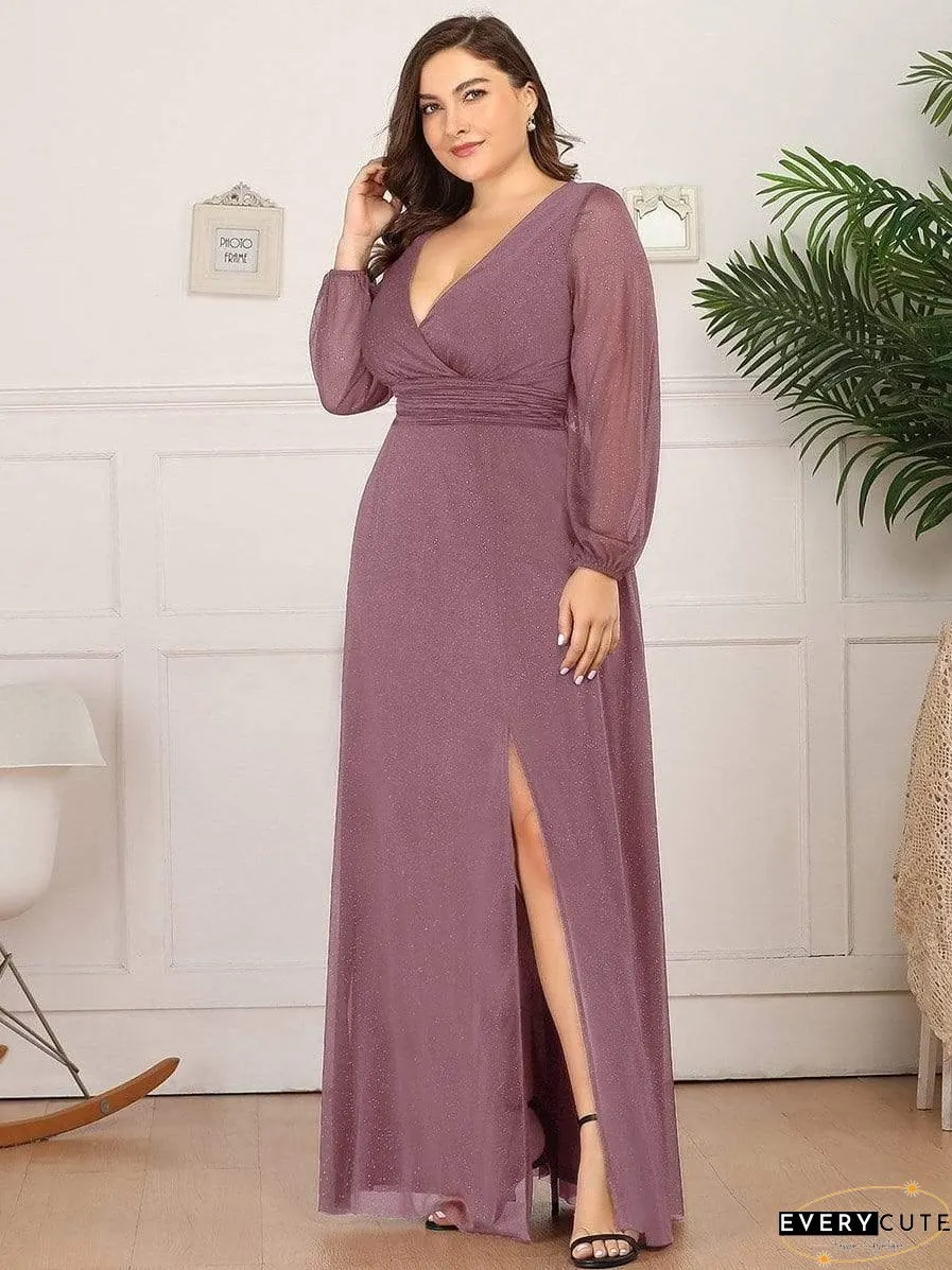 Shiny Puff Sleeve V-Neck Evening Gown for Curvy Women