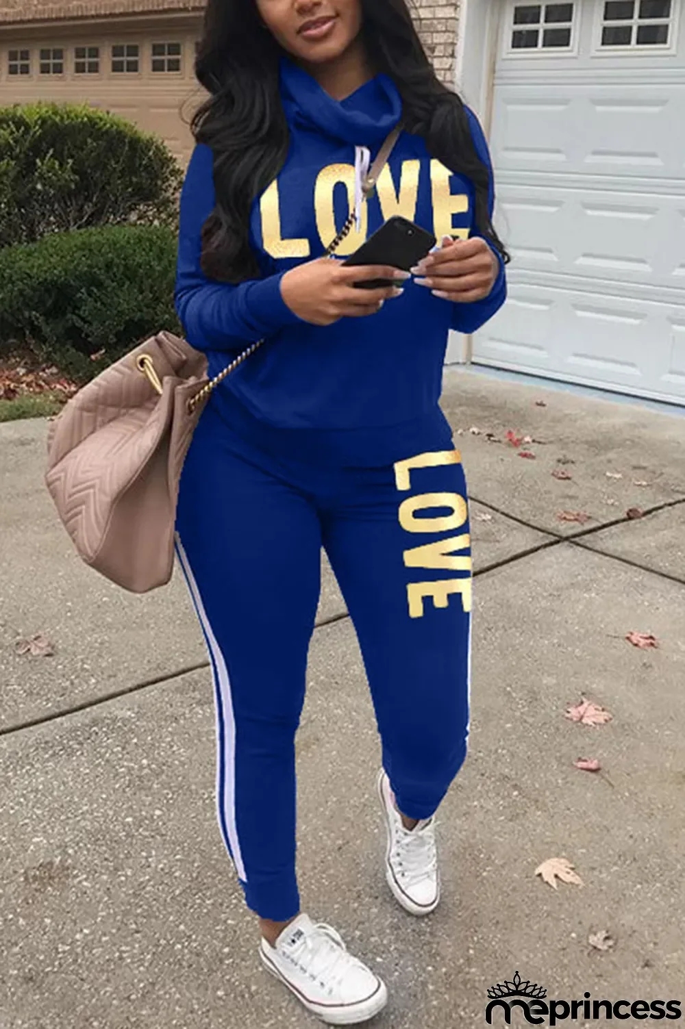 Royal blue Fashion Print Patchwork O Neck Long Sleeve Two Pieces
