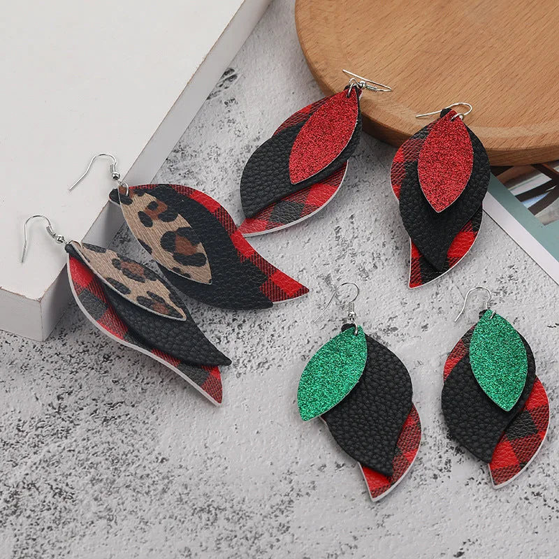 Plaid Sequined Leaf Multi-Layered Leather Earrings