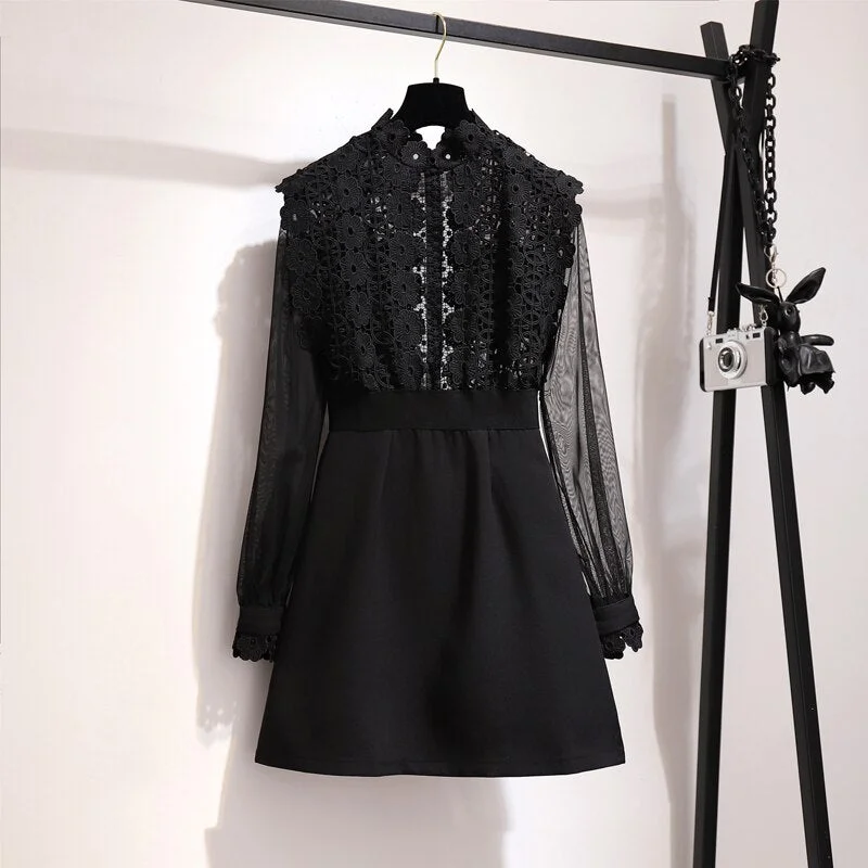 2019 Summer Self-Portrait Runway Patchwork Black Lace Dress Women's Long Sleeve Flower Embroidery Crochet Hollow Out Mini Dress