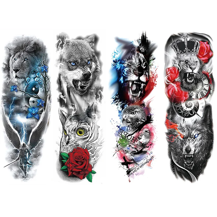 4 Sheets Lion Wolf Tiger Full Arm Sleeves