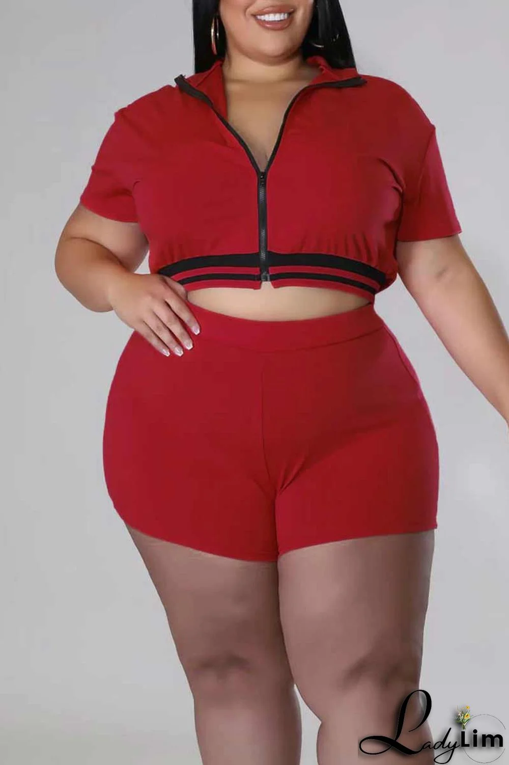 Black Casual Solid Patchwork Zipper Plus Size Two Pieces